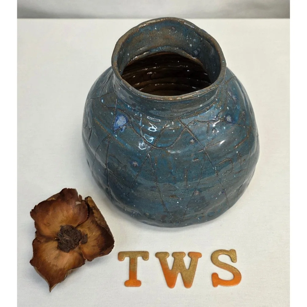 Studio Pottery Blue Glazed Ceramic Vase Handcrafted Etched Geometric Vessel